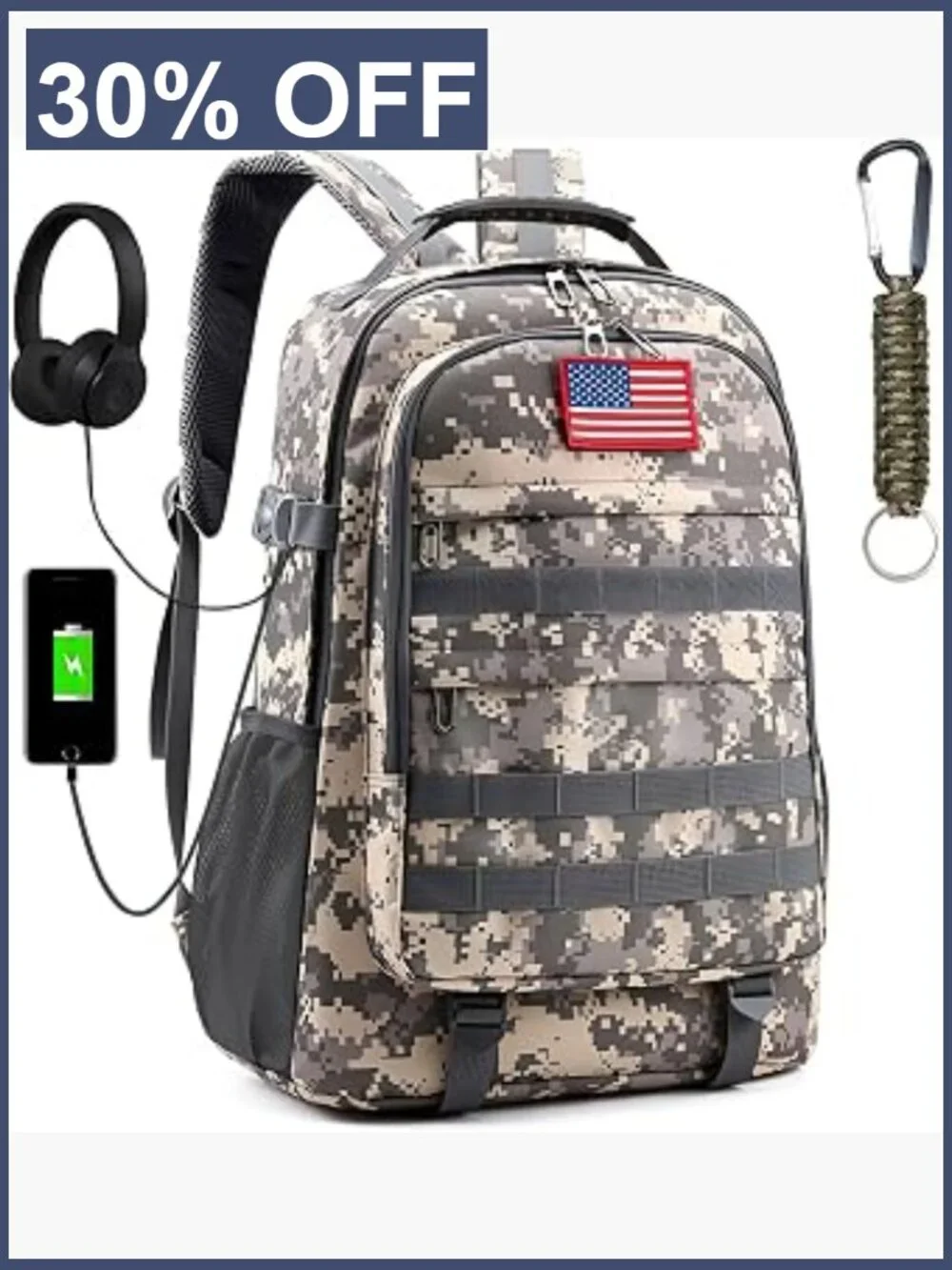 Kids School Backpack with USB Charging Port, Camo Print, 3 Compartments,